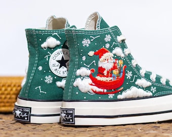 Green Christmas Converse Embroidered Santa Claus & Sleigh, White Snowflakes Winter Shoes,  Custom Holiday Sneakers, Unique Gift for Her