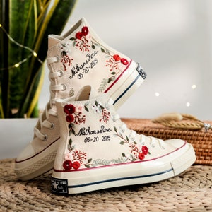 Wedding Converse for Bride, Custom Embroidered Converse High Tops, Name and Anniversary Date Embroidered Shoes, Flower Embroidered Sneakers