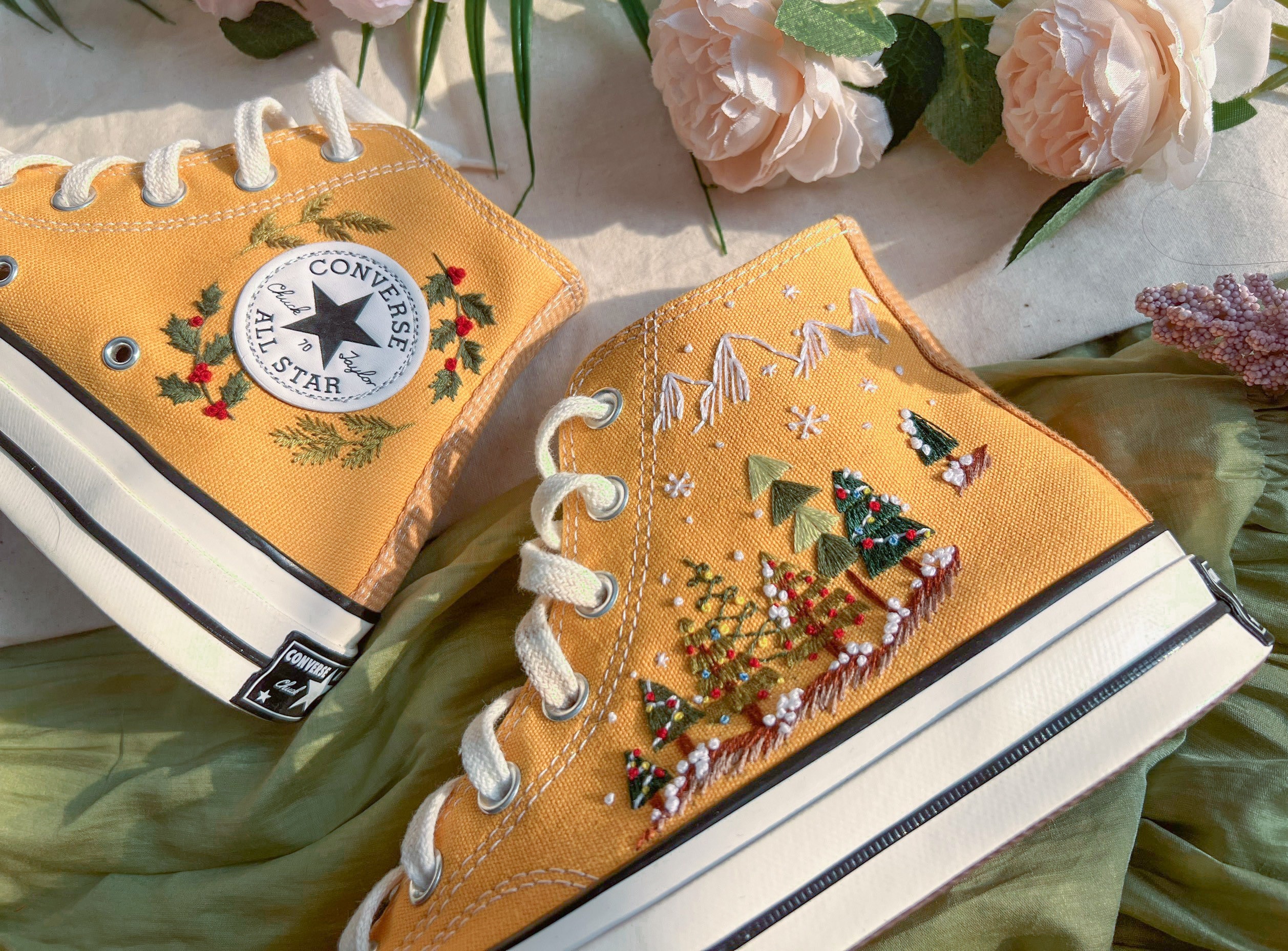 Embroidered Converse/embroidered Sneakers/christmas Shoes Chuck Taylor 1970s/pine Tree Embroidery/converse Embroidered Flowers Christmas - Etsy Australia