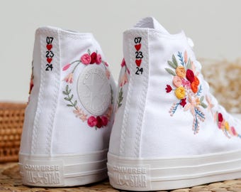 Wedding Sneaker For Bride, Wedding Flowers Embroidered Converse, Bridal Flowers Embroidered Shoes, Floral Embroidery, Fall Wedding Shoes