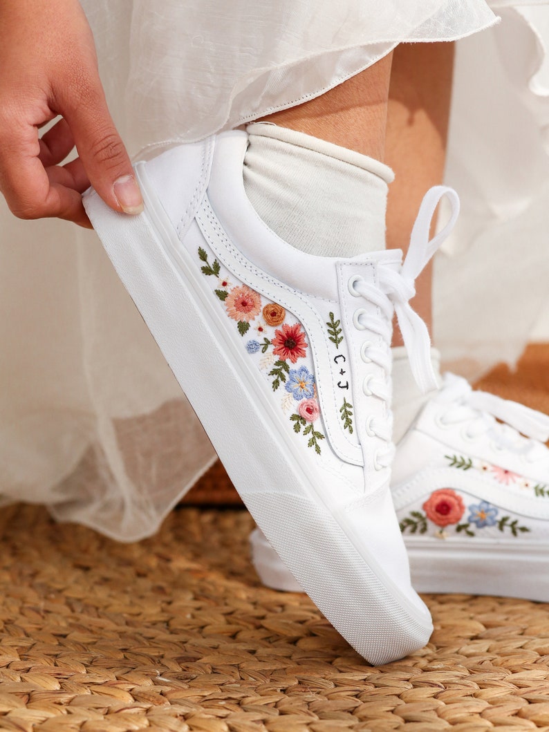 Custom Embroidered Vans, Wedding Vans Embroidery Floral, Bridal Flower Embroidered Shoes, Custom Name Embroidered Sneakers, Wedding Gifts