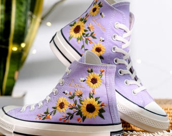 Sunflower Converse, Sunflower Embroidered Shoes, Custom Converse Embroidery Sunflower, Sunflower Wedding Embroidered Sneaker for Women
