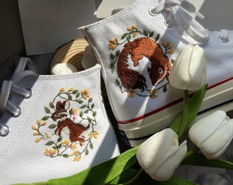 Embroidered Converse/Converse High Tops/Embroidered Sneakers Rabbit, Fox And Flower/Flower Converse/Custom Converse Chuck Taylors 1970s