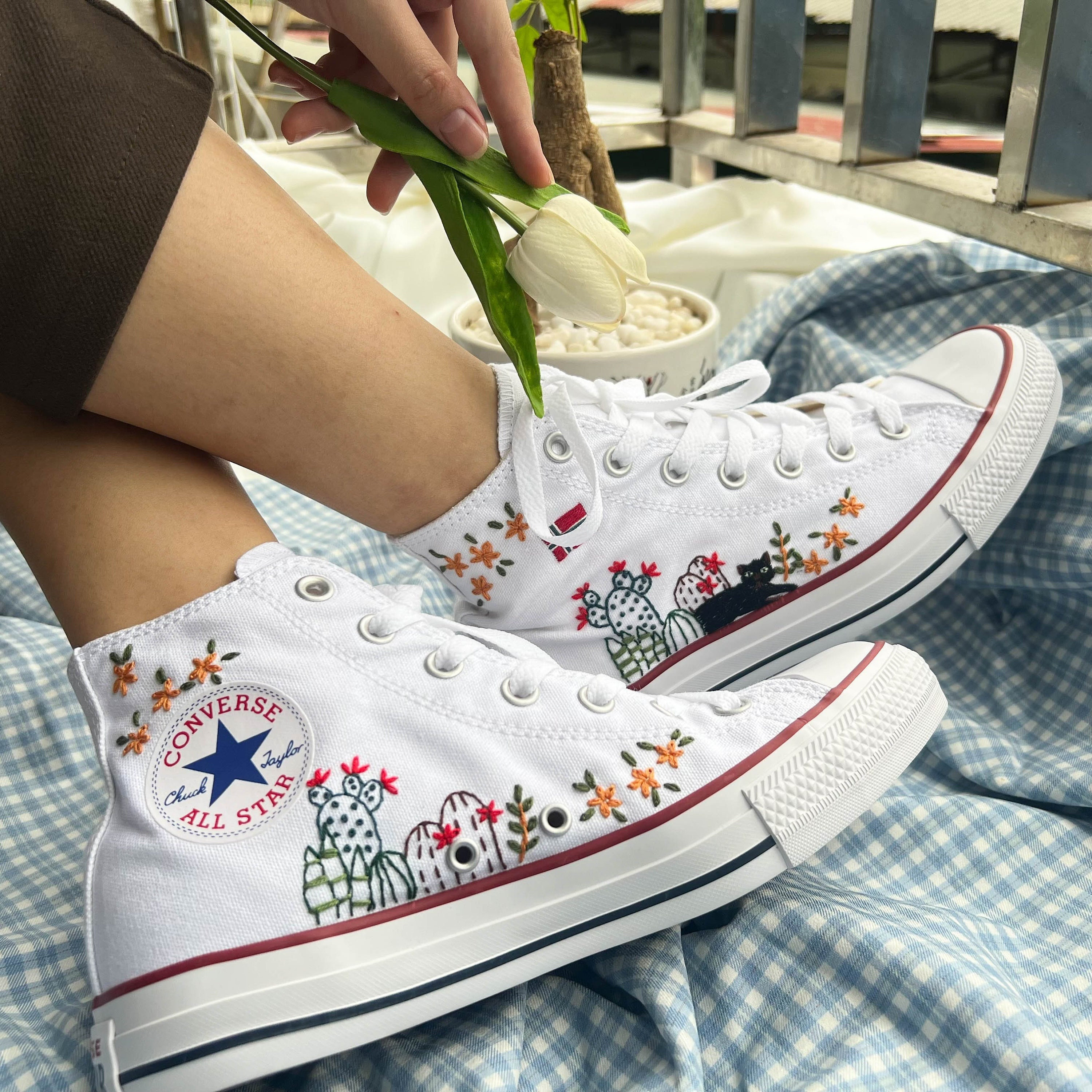 Embroidered Converse/converse High Tops Cactus and Cat - Etsy Embroidered Converse/converse High Tops Cactus and Cat - Etsy