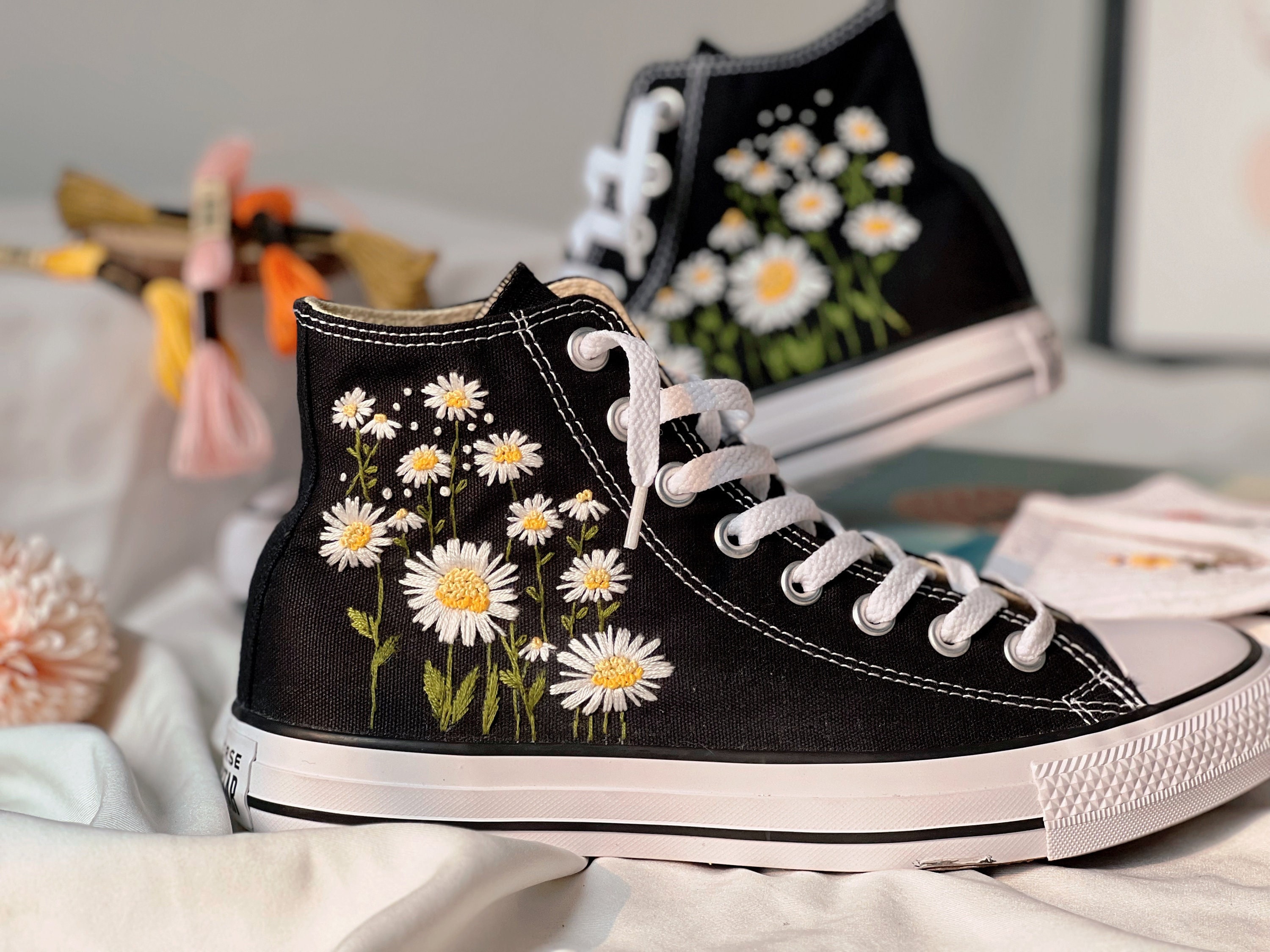 Embroidered Converse converse Flower embroidered Sneakers Bright Chrysanthemum Garden custom Converse Daisy embroidered Flowers for Her Etsy UK