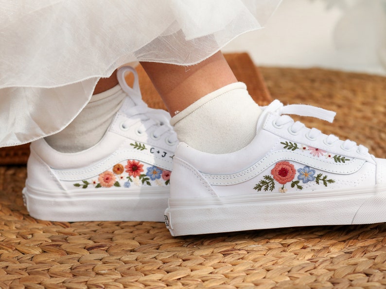 Custom Embroidered Vans, Wedding Vans Embroidery Floral, Bridal Flower Embroidered Shoes, Custom Name Embroidered Sneakers, Wedding Gifts