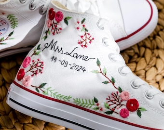 Embroidered Wedding Vans, Bridal Floral High Tops, Personalized Anniversary Gift