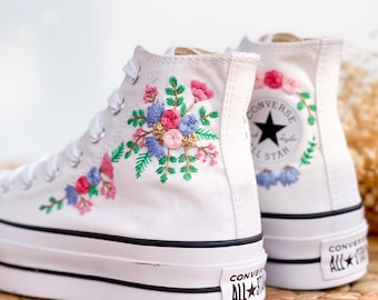 Custom Wedding Converse Platform for Bride, Flowers Embroidered Shoes, Bridal Flowers Embroidered Shoes, Floral Embroidery Sneakers Custom
