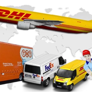 May include: A yellow and red DHL airplane flies over a world map with delivery trucks from FedEx, TNT, and DHL. The trucks are white, orange, and yellow. A person in a blue shirt is holding a brown box.