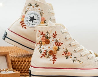 Terracotta Floral Embroidered Converse Wedding Sneakers: Burnt Orange Bridal Shoes, Personalized Rustic Boho Bride High Tops
