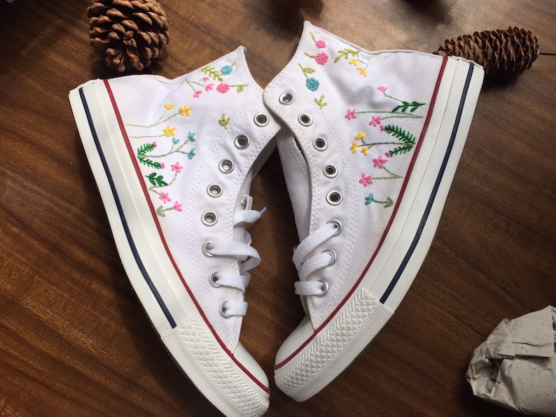 Embroidered Converse/Custom Converse High Tops Flower Embroidery/Flower Converse/Flower Girl Gift/Embroidered Flowers image 3