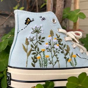 Embroidered converse/Converse High Tops Garden Of Chrysanthemums, Dandelions, Butterflies and Ladybugs/Embroidered Sneakers/Gifts For Her image 2