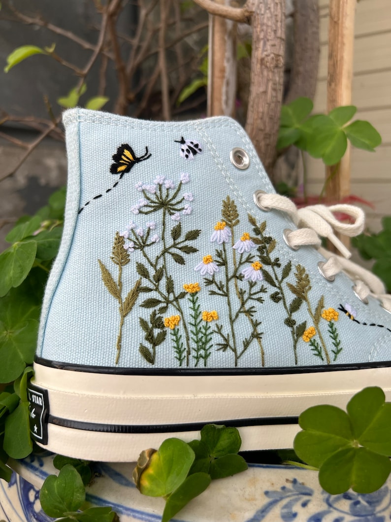 Embroidered converse/Converse High Tops Garden Of Chrysanthemums, Dandelions, Butterflies and Ladybugs/Embroidered Sneakers/Gifts For Her image 2