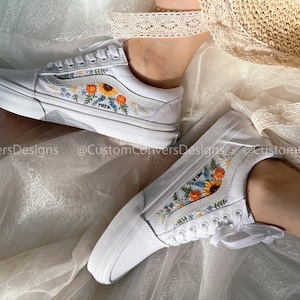 Custom Vans/Custom Sneakers Sunflower/Embroidered Vans Colorful Flower Garden/Custom Vans Slip On/Custom Sunflower/Sunflower Gifts
