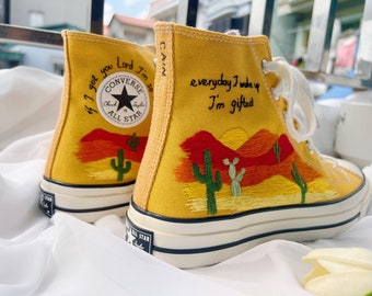 Converse High Tops/Embroidered Converse/Custom Desert And Cactus Embroidery/ Converse High Tops/ Embroidered Converse Chuck Taylor 1970s