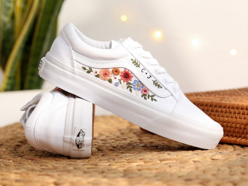 Custom Embroidered Vans, Wedding Vans Embroidery Floral, Bridal Flower Embroidered Shoes, Custom Name Embroidered Sneakers, Wedding Gifts