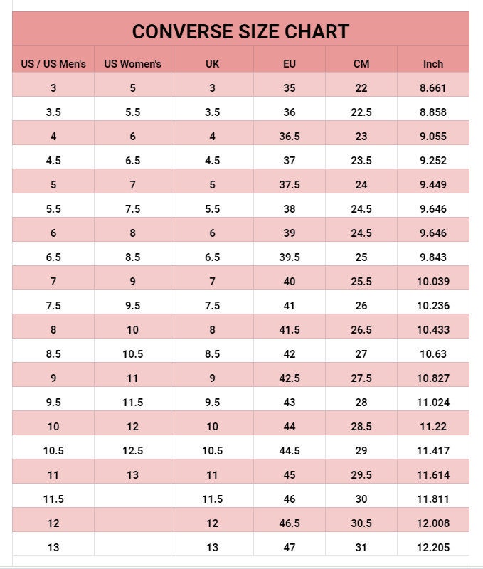 Converse size top chart nz