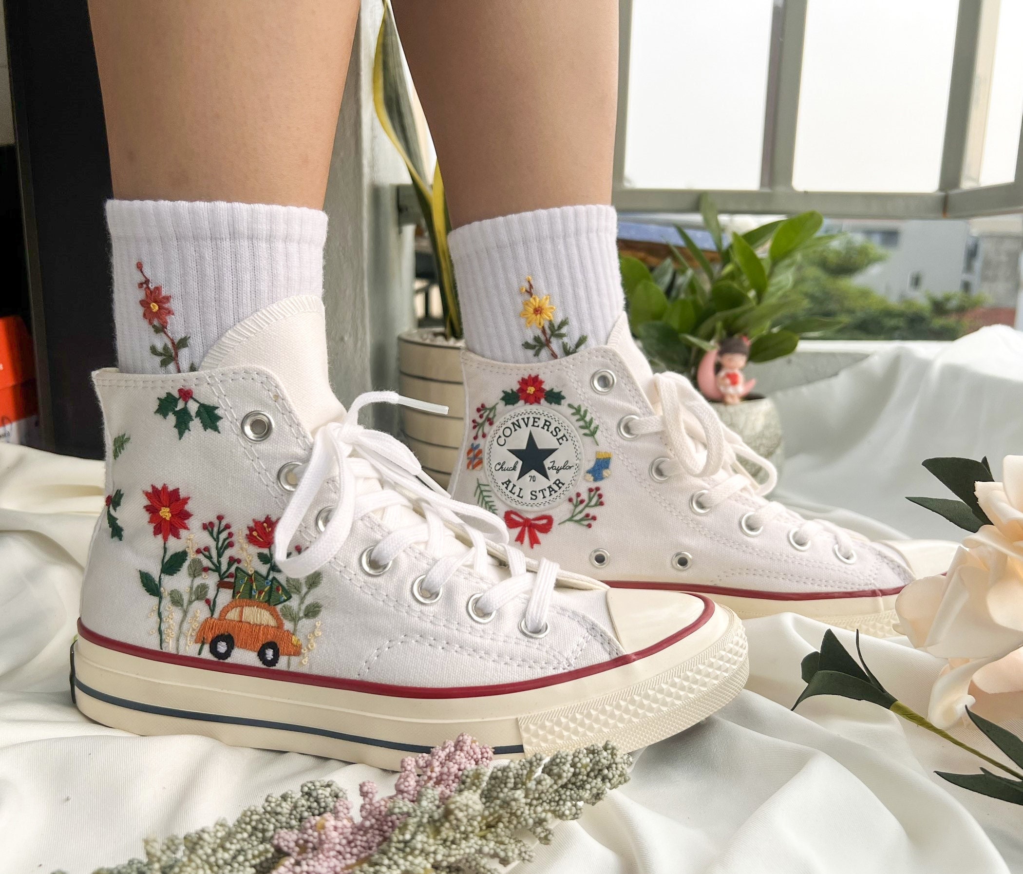 Embroidered Converse/ Converse Hi Tops Car and Tree Embroidered Converse/ Converse Hi Tops Car and Tree