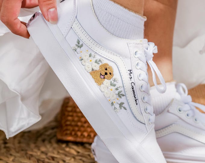 Custom Pet Embroidered Wedding Vans, White Rose Flower Shoes