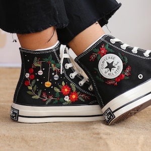 Custom Embroidered Converse, Christmas Embroidered Shoes Chuck Taylor, Pine Tree Embroidery Sneaker, Converse Embroidered Flowers Christmas