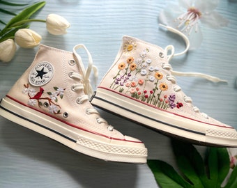 Custom Converse Chuck Taylor 1970s Embroidery, Embroidered converse Sunflower Garden, Converse Custom Rhododendron Bird Embroidery