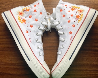 Embroidered Converse, Flower Converse, Converse Custom Orange Flower Strip Embroidery, Converse High Top Floral Embroidery