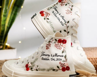 Scarpe da ginnastica da sposa per la sposa, Converse ricamate con i nomi degli sposi, scarpe personalizzate con fiori ricamati per la sposa, regalo di nozze per la coppia