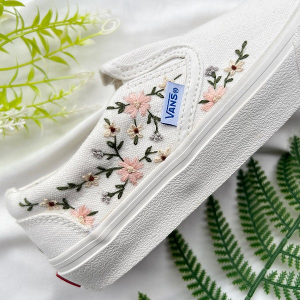 Wedding Shoes/Bridal Shoes/Custom Vans Shoes/ Embroidered Shoes Pink Flower/ Embroidered Vans Sweet Light Pink Flower Garden