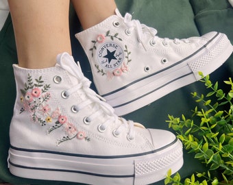 Embroidered converse/ Wedding Converse Platform/Custom Converse Pink Rose Strip Flower Embroidery/Wedding Converse Shoes