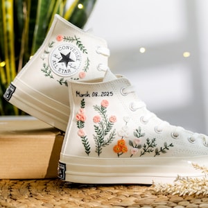 Wedding Converse, Custom  Embroidered Converse for Bride, Custom Converse Embroidery Bridal Flower, Floral Embroidered Shoes, Wedding Gifts