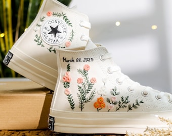 Wedding Converse, Custom  Embroidered Converse for Bride, Custom Converse Embroidery Bridal Flower, Floral Embroidered Shoes, Wedding Gifts