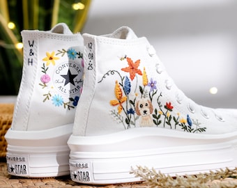 Anpassade Converse-plattformsskor, broderade platåskor med husdjur och blommor, Converse-broderad hund, broderade husdjurssneaker Anpassad present till hundälskare