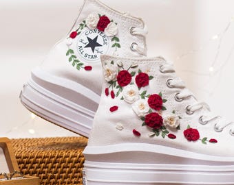 Embroidered Converse Platform High Tops Wedding Custom, Bride Converse Embroidery Rose, Bride Shoes Embroidered Personalized, Wedding Gift