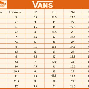 May include: A size conversion chart for Vans shoes, showing US men's and women's sizes, UK, EU, centimeters, and inches.