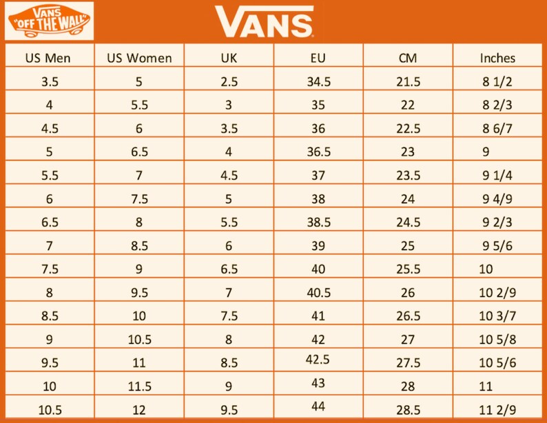 May include: A size conversion chart for Vans shoes, showing US men's and women's sizes, UK, EU, centimeters, and inches.