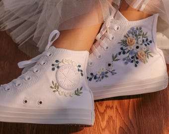 Wedding Converse For Bride, Rose Wedding Flowers Embroidered Shoes Custom, Bridal Flowers Embroidered Converse, Custom Converse For Wedding