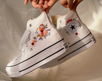 Embroidered converse/Wedding Converse Platform/Custom Converse Colorful Wedding Bouquet/Bridal Converse/Custom Wedding Date/Gift For Wedding