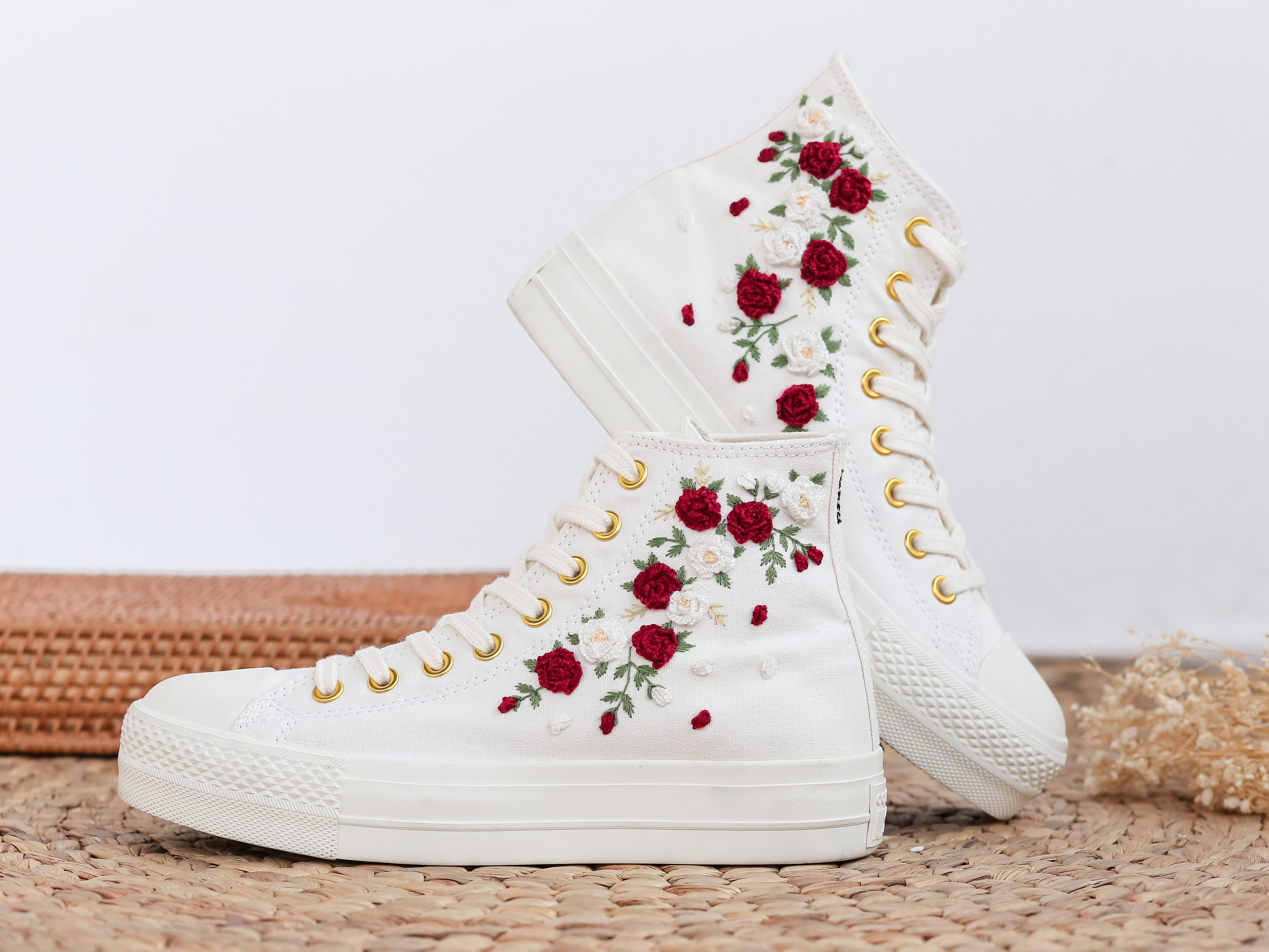 Custom Wedding Converse Platform, Burgundy Bridal Flower