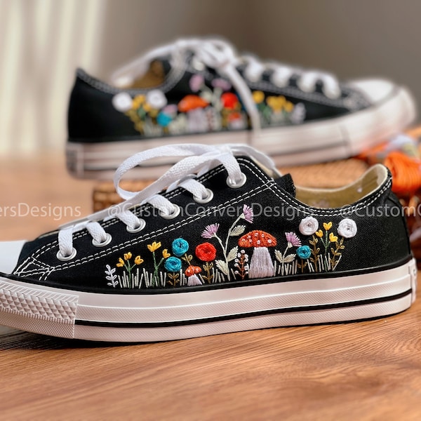 Mushroom Converse/Embroidered converse/Custom Low Converse/Converse Garden Of Colorful Flowers And Mushrooms/Flower Converse/Floral Converse