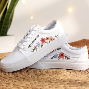 Custom Embroidered Vans, Wedding Vans Embroidery Floral, Bridal Flower Embroidered Shoes, Custom Name Embroidered Sneakers, Wedding Gifts