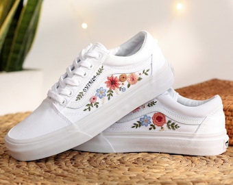 Custom Embroidered Vans, Wedding Vans Embroidery Floral, Bridal Flower Embroidered Shoes, Custom Name Embroidered Sneakers, Wedding Gifts