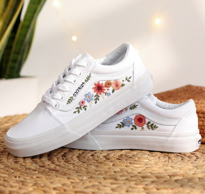 Custom Embroidered Vans, Wedding Vans Embroidery Floral, Bridal Flower Embroidered Shoes, Custom Name Embroidered Sneakers, Wedding Gifts