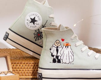 Unique Shoes Embroidered Converse Chuck Taylor, Converse Embroidery Gothic Love With Ghost Wedding, Halloween Custom Shoes, Halloween Gift