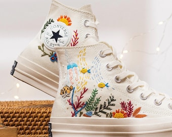 Custom Embroidered Converse Chuck Taylor High Tops, Converse Embroidery Ocean Theme, Unique Embroidered Sneakers, Custom Shoes, Gift Friend