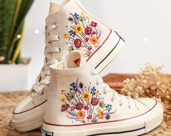 Custom Embroidered Converse High Tops, Mushrooms, Daisy, Lavender, Sunflower Embroidered Sneakers, Flowers Embroidered Shoes, Gifts For Her
