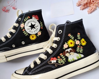 Embroidered Converse/Custom Converse Mushroom/Custom Pet/Converse Dog Floral Embroidery Shoes/Custom Embroidered Sunflowers And Mushrooms