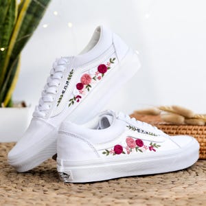 Wedding Flower Embroidered Vans for Bride,  Bridal Flower Embroidery Sneaker Custom, Rose Flower Embroidered Vans Slip On,  Gift For Wedding
