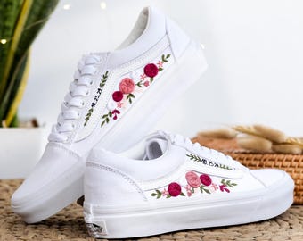 Wedding Flower Embroidered Vans for Bride,  Bridal Flower Embroidery Sneaker Custom, Rose Flower Embroidered Vans Slip On,  Gift For Wedding