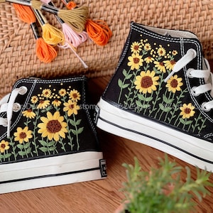 Embroidered converse/Floral Converse/Converse High Tops The Hill Of Brilliant Sunflowers/Embroidered Sneakers Logo Big Sunflower/Best Gifts