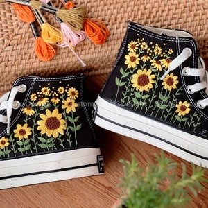 Embroidered converse/Floral Converse/Converse High Tops The Hill Of Brilliant Sunflowers/Embroidered Sneakers Logo Big Sunflower/Best Gifts